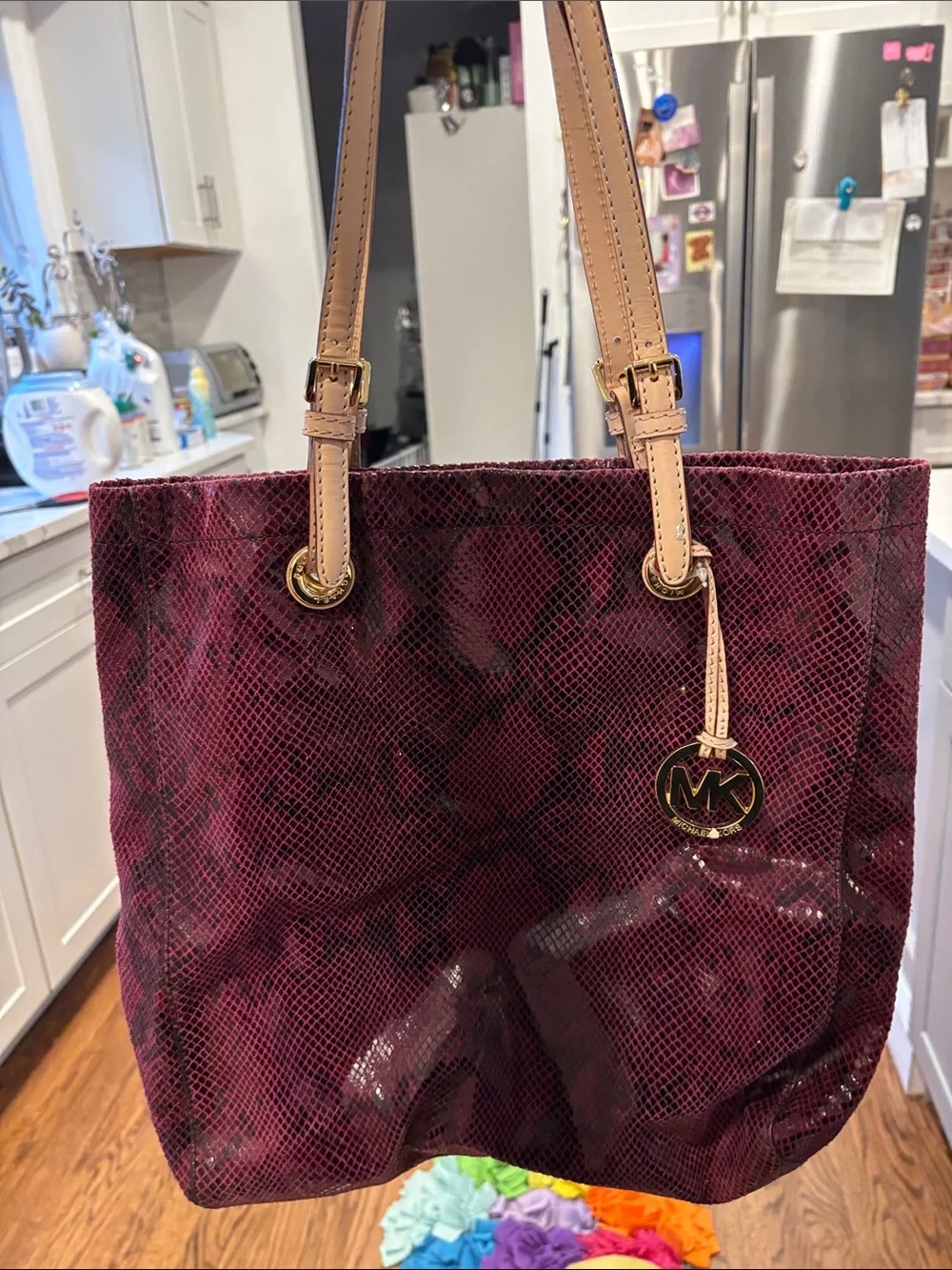 Michael Kors Wine Snake-Print Tote with Tan Straps